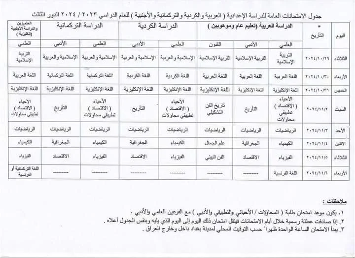 جدول امتحانات الصف السادس الإعدادي الدور الثالث