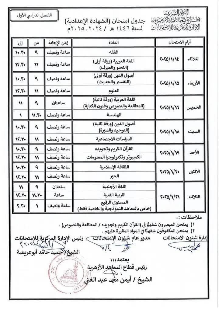 جدول امتحانات الشهادة الاعدادية الازهرية 2025