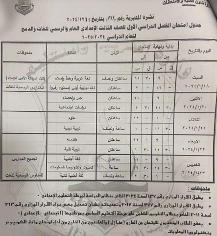 جدول امتحانات الصف الثالث الإعدادي الترم الاول 2025 قنا