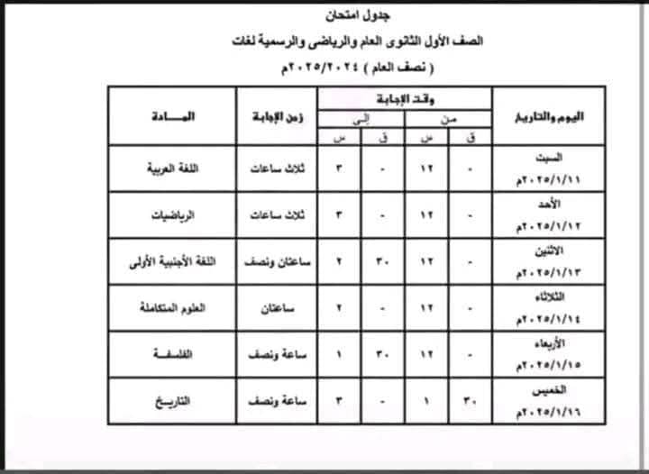 جدول امتحانات  الصف الأول الثانوي 2025 