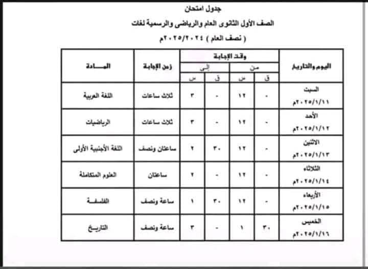 جدول امتحانات الصف الاول الثانوي 2025 الترم الاول