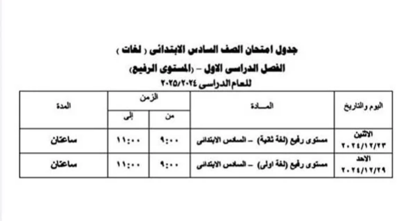 جدول امتحانات سادسة ابتدائي الجيزة 