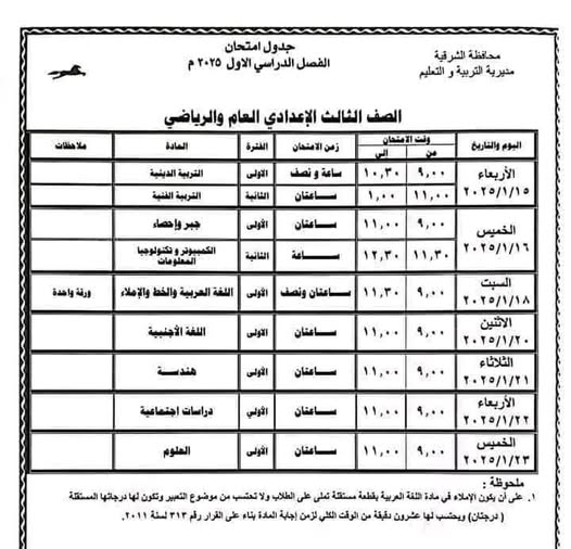 جدول امتحانات الصف الثالث الإعدادي الترم الأول 2025 